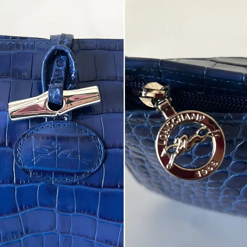 Longchamp Roseau Blue Croc Embossed Shoulder Bag Vintage Y2K Bamboo Toggle